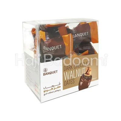 خرما گردویی بانکت با روکش شکلات تلخ بسته طلقی ۳۰۰ گرمی